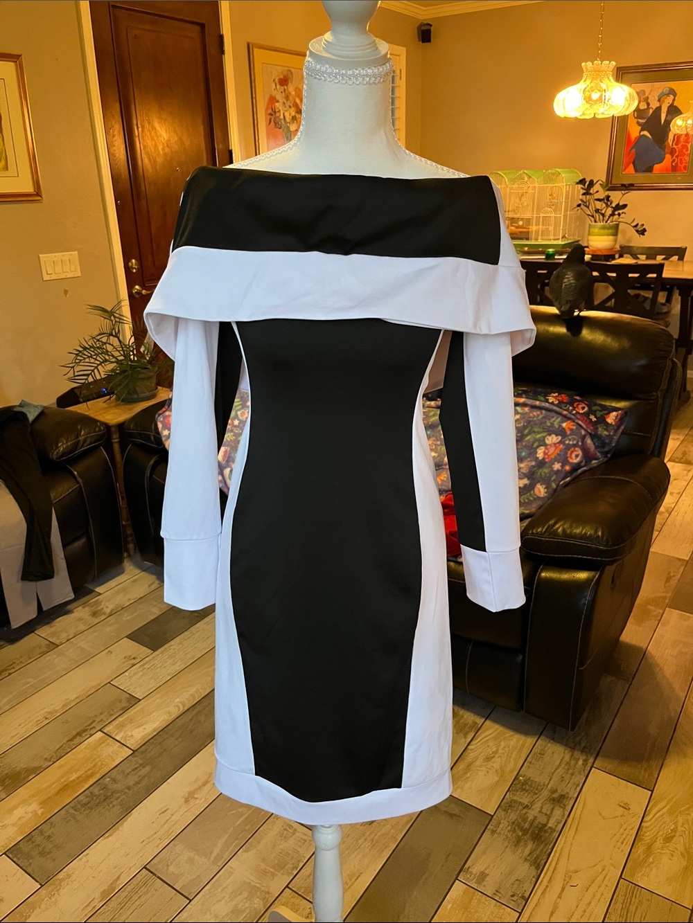 Off-Shoulder Black and White Long-Sleeve Sheath Dress